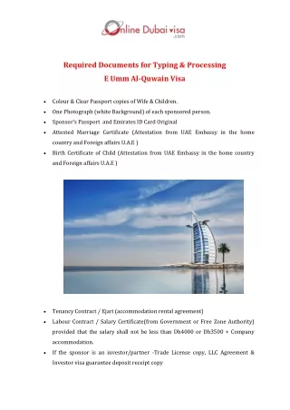 Required Documents for Typing and Processing E Umm Al Quwain Visa