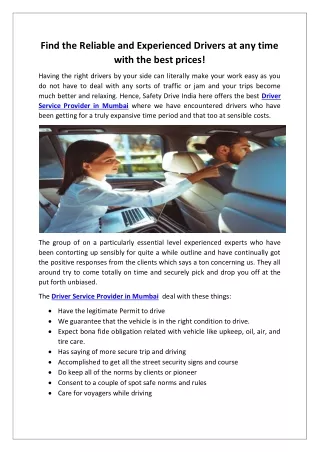 Find the Reliable and Experienced Drivers at any time with the best prices