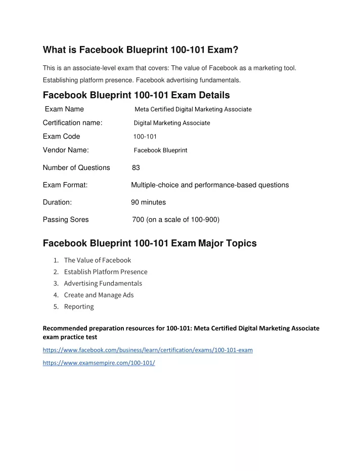 what is facebook blueprint 100 101 exam