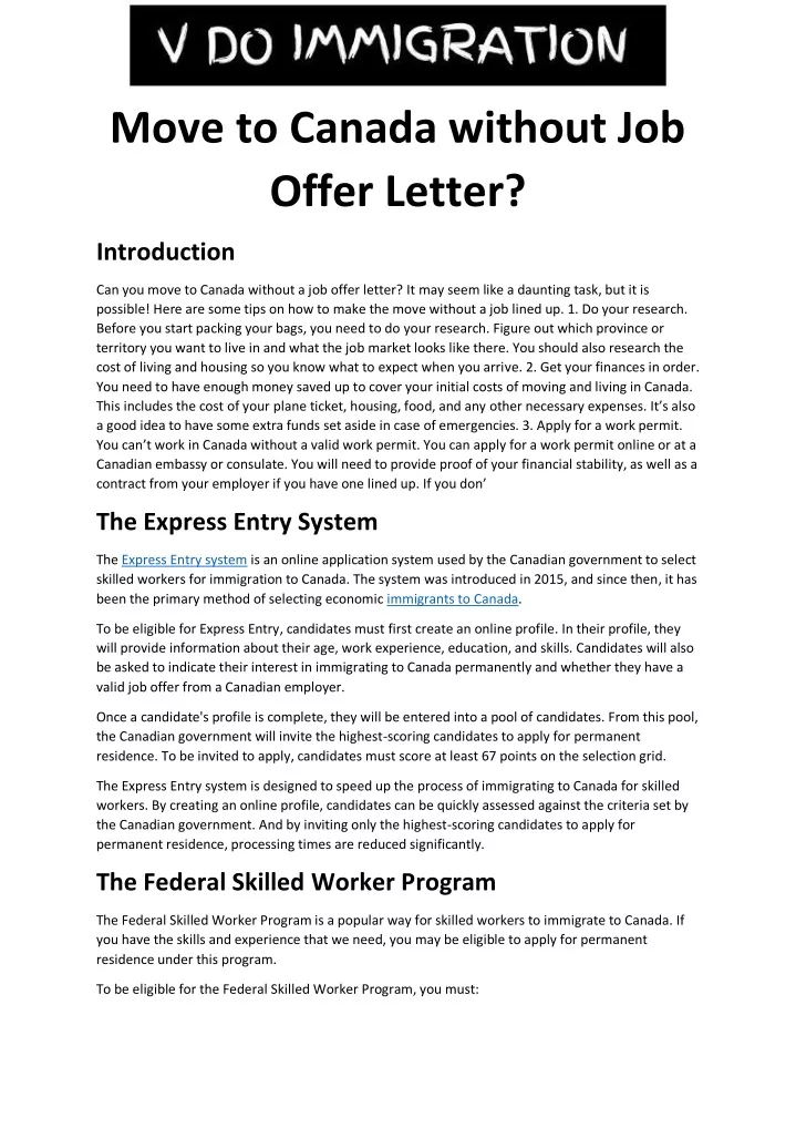 move to canada without job offer letter