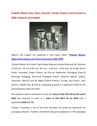 Tinplate Market Size, Share, Growth, Trends, Analysis and Forecast to 2030