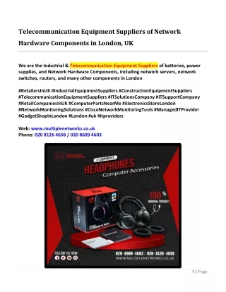 Telecommunication Equipment Suppliers of Network Hardware Components in London, UK