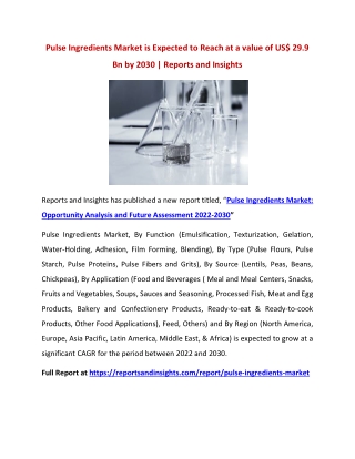 Pulse Ingredients Market is Expected to Reach at a value of US$ 29.9 Bn by 2030