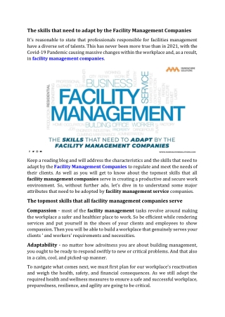 The skills that need to adapt by the Facility Management Companies