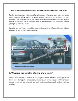 Towing Services - Questions to Ask Before You Get into a Tow Truck