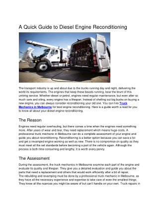 A Quick Guide to Diesel Engine Reconditioning