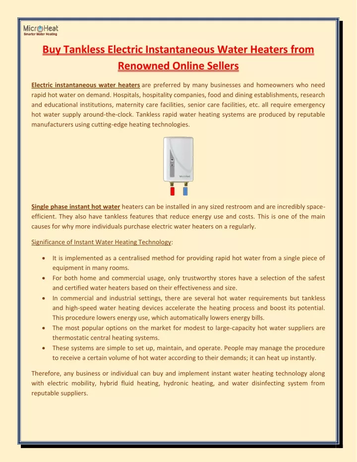 buy tankless electric instantaneous water heaters