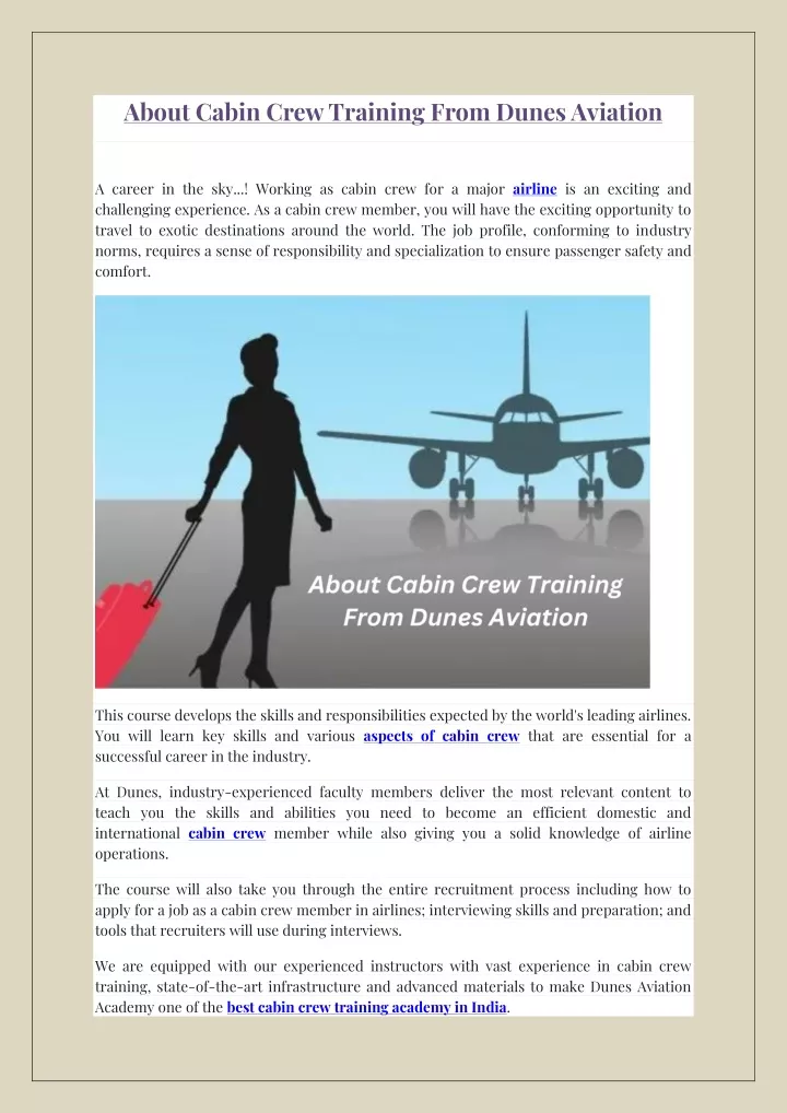 about cabin crew training from dunes aviation