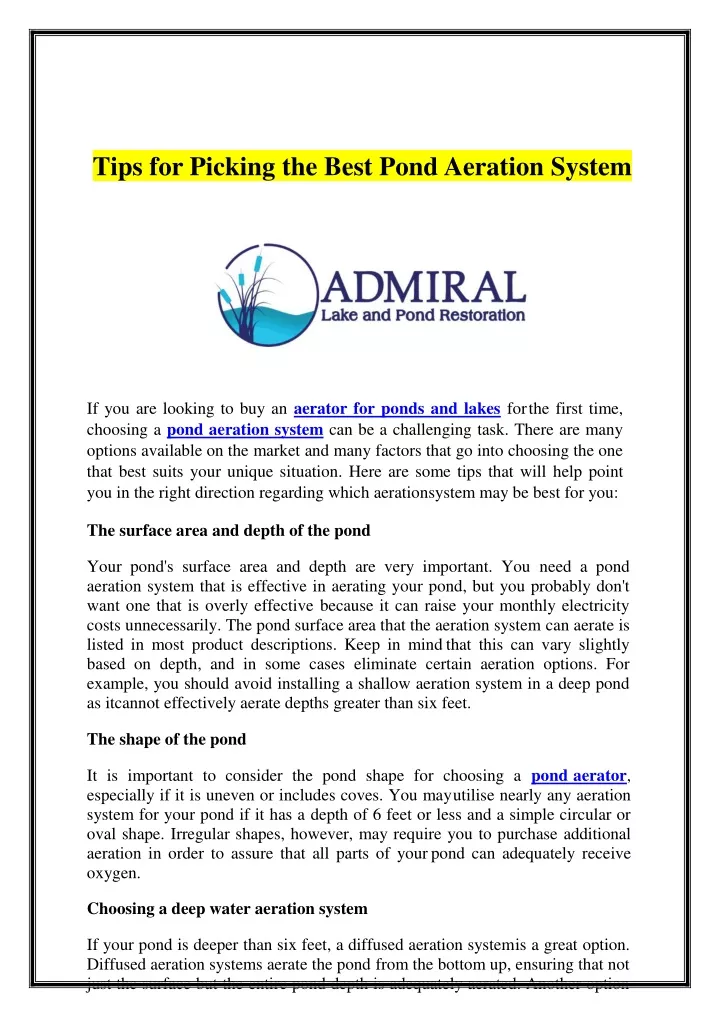 tips for picking the best pond aeration system
