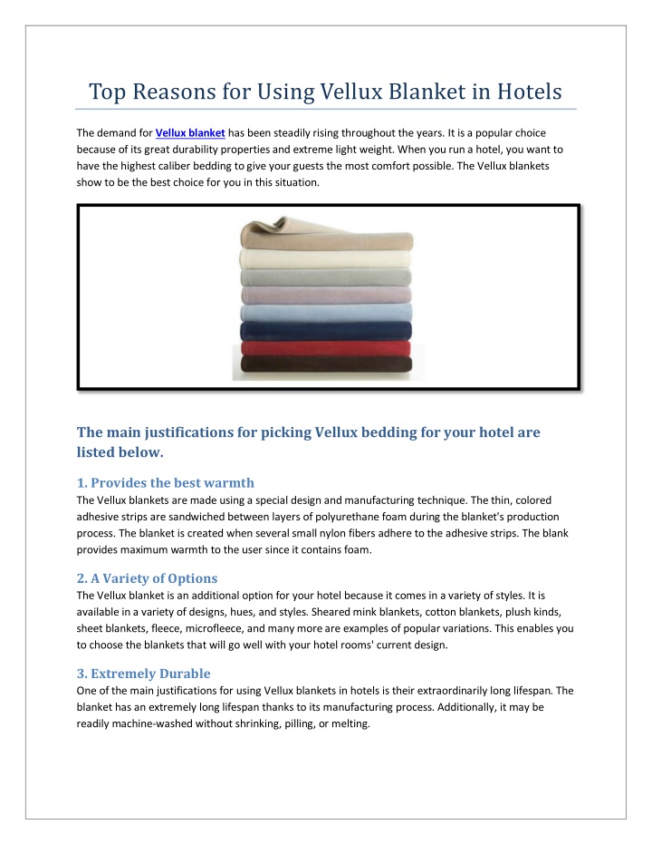 top reasons for using vellux blanket in hotels