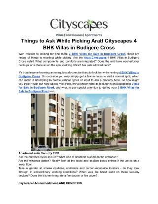 Things to Ask While Picking Aratt Cityscapes 4 BHK Villas in Budigere Cross