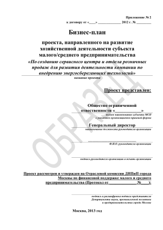 Образец бизнес плана для субсидии