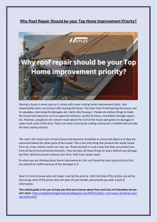 Why Roof Repair Should be your Top Home Improvement Priority
