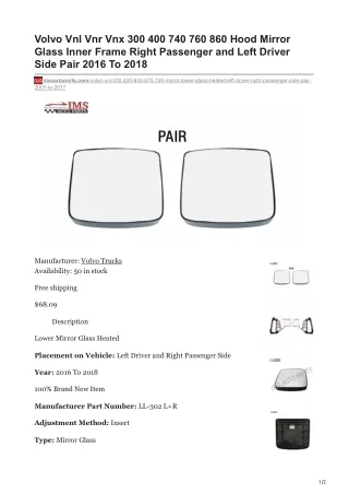 imsautoparts.com-Volvo Vnl Vnr Vnx 300 400 740 760 860 Hood Mirror Glass Inner Frame Right Passenger and Left Driver S
