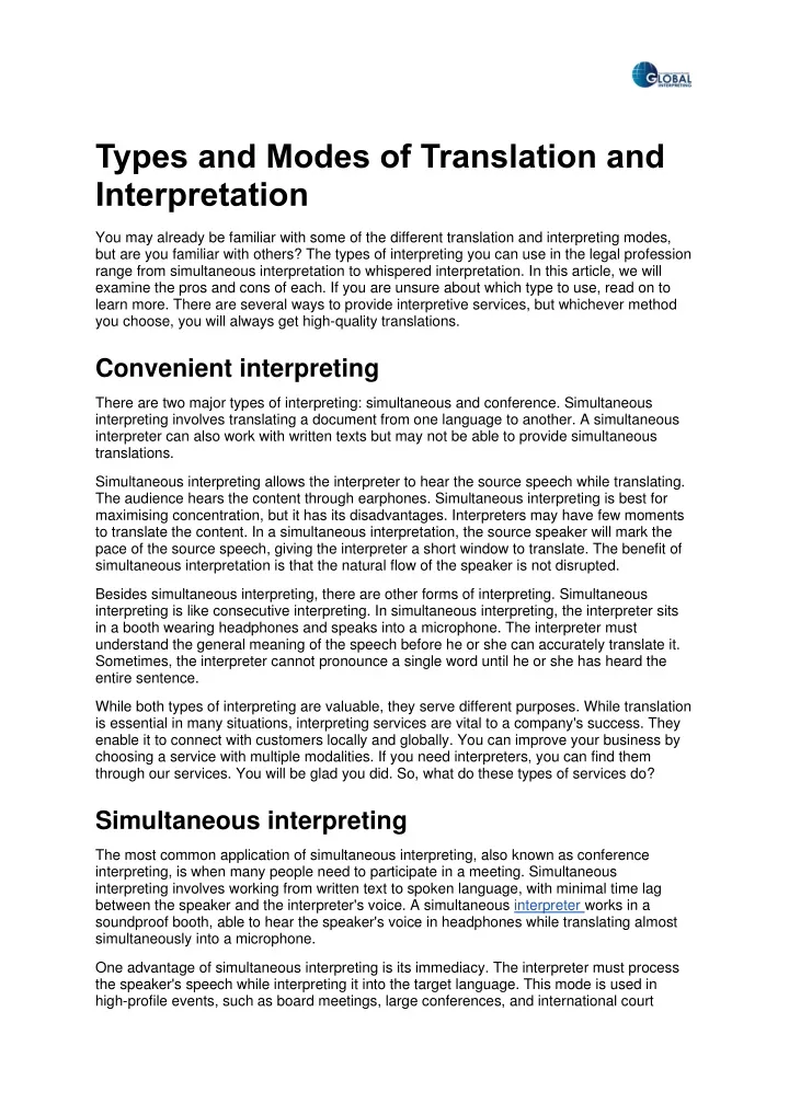 types and modes of translation and interpretation