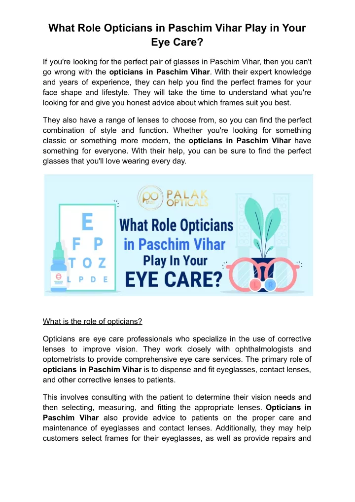 what role opticians in paschim vihar play in your