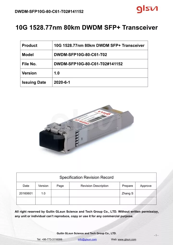 dwdm sfp10g 80 c61 t02 141152