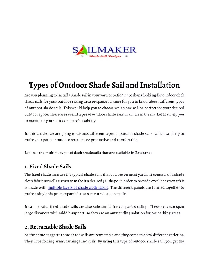 types of outdoor shade sail and installation