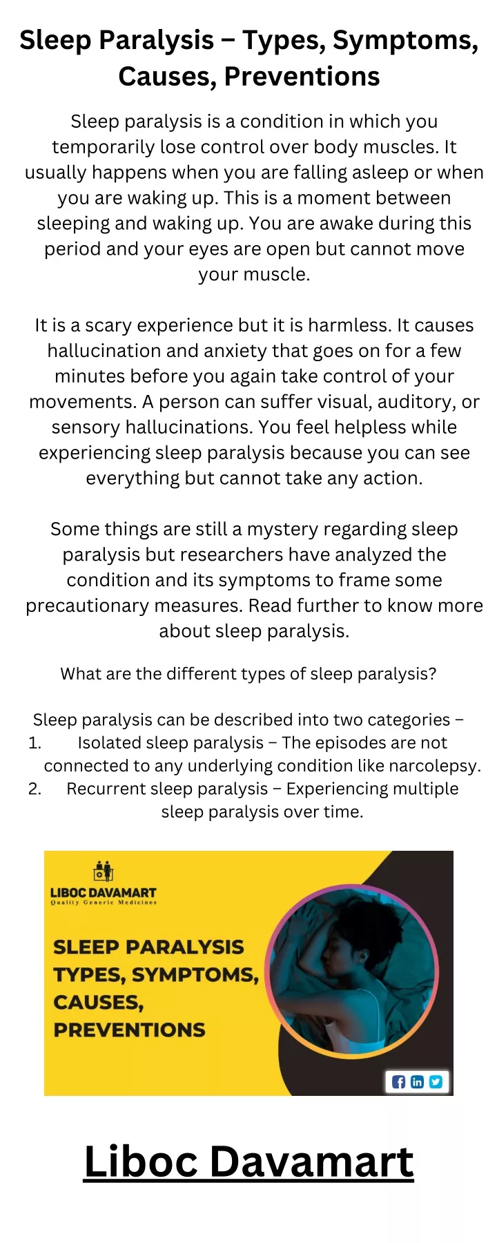 sleep paralysis types symptoms causes preventions