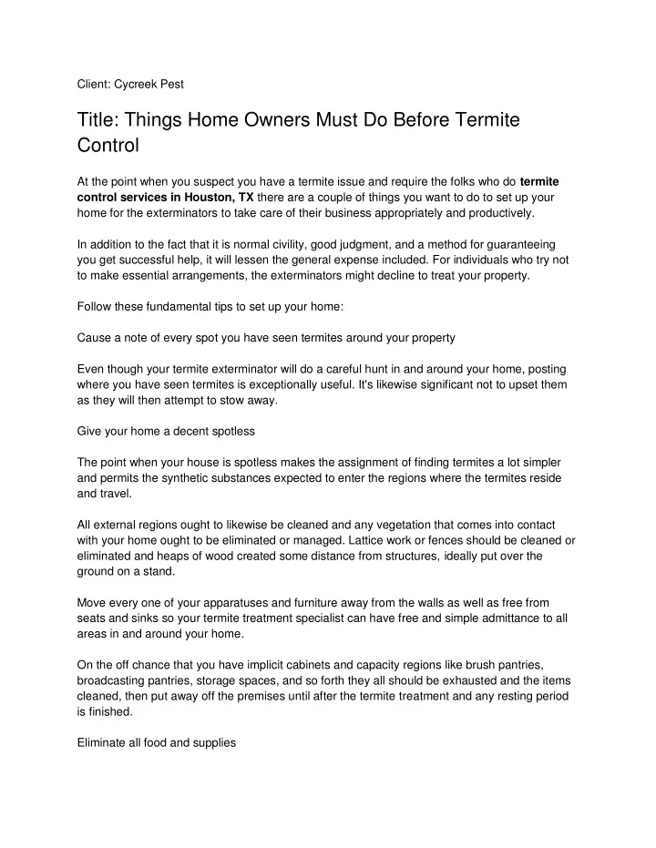 client cycreek pest title things home owners must