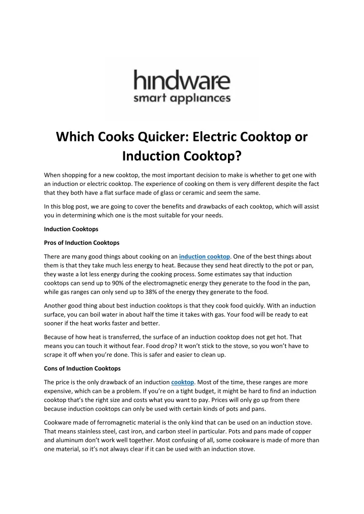 which cooks quicker electric cooktop or induction