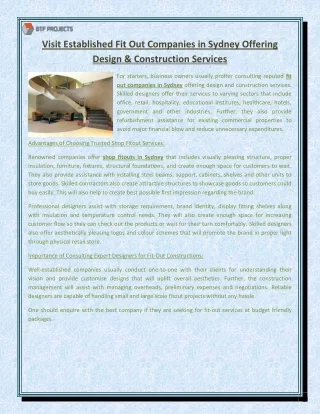 Visit Established Fit Out Companies in Sydney Offering Design & Construction Services