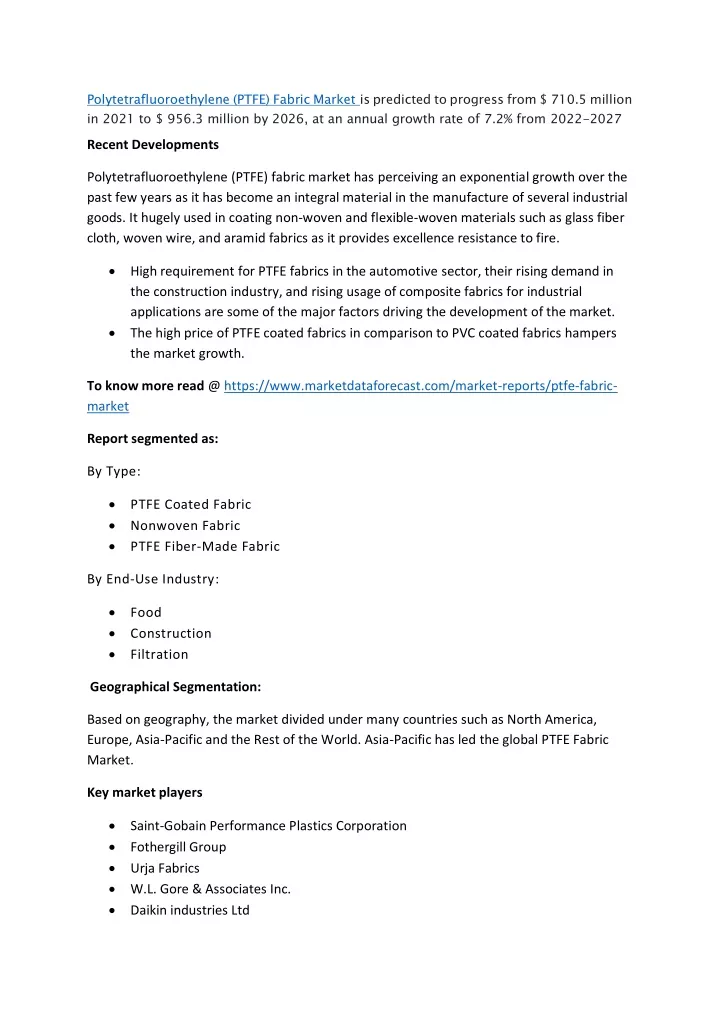 polytetrafluoroethylene ptfe fabric market