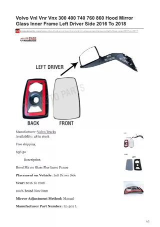 imsautoparts.com-Volvo Vnl Vnr Vnx 300 400 740 760 860 Hood Mirror Glass Inner Frame Left Driver Side 2016 To 2018