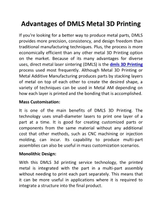 Advantages of DMLS Metal 3D Printing