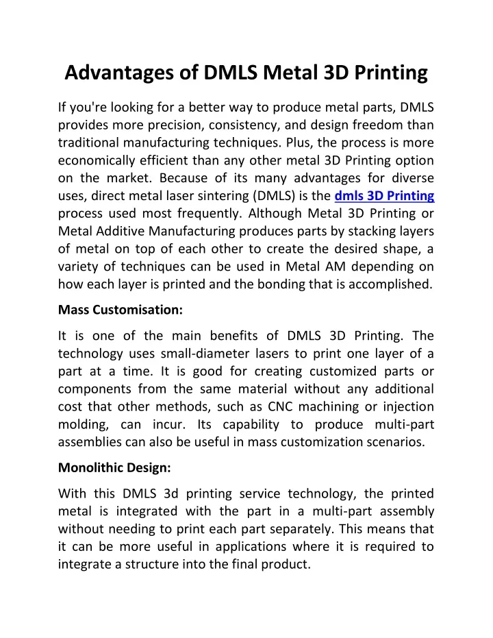 advantages of dmls metal 3d printing