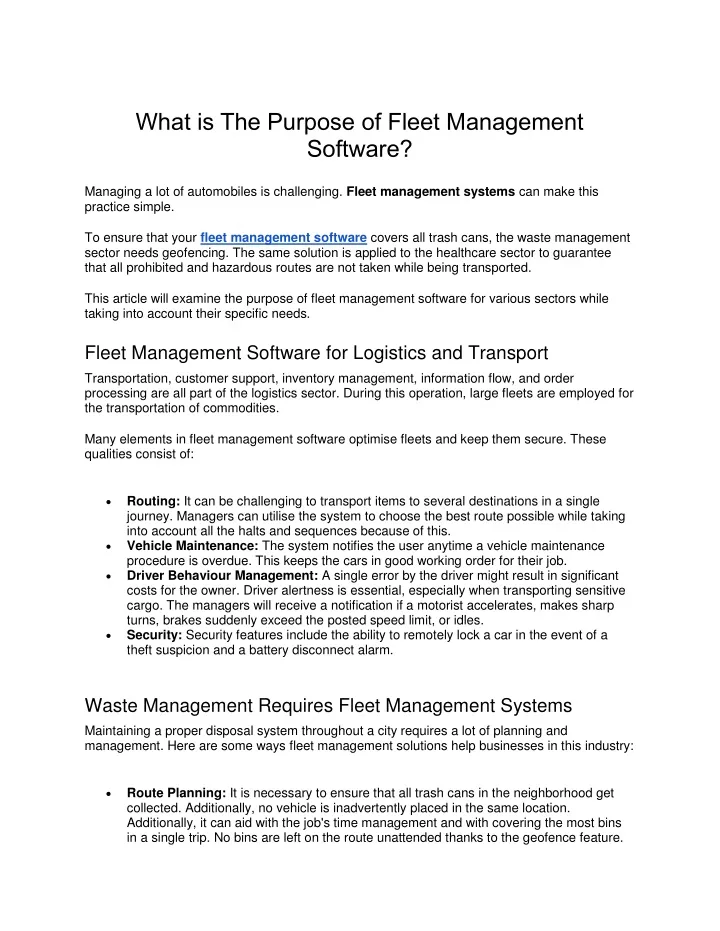 what is the purpose of fleet management software