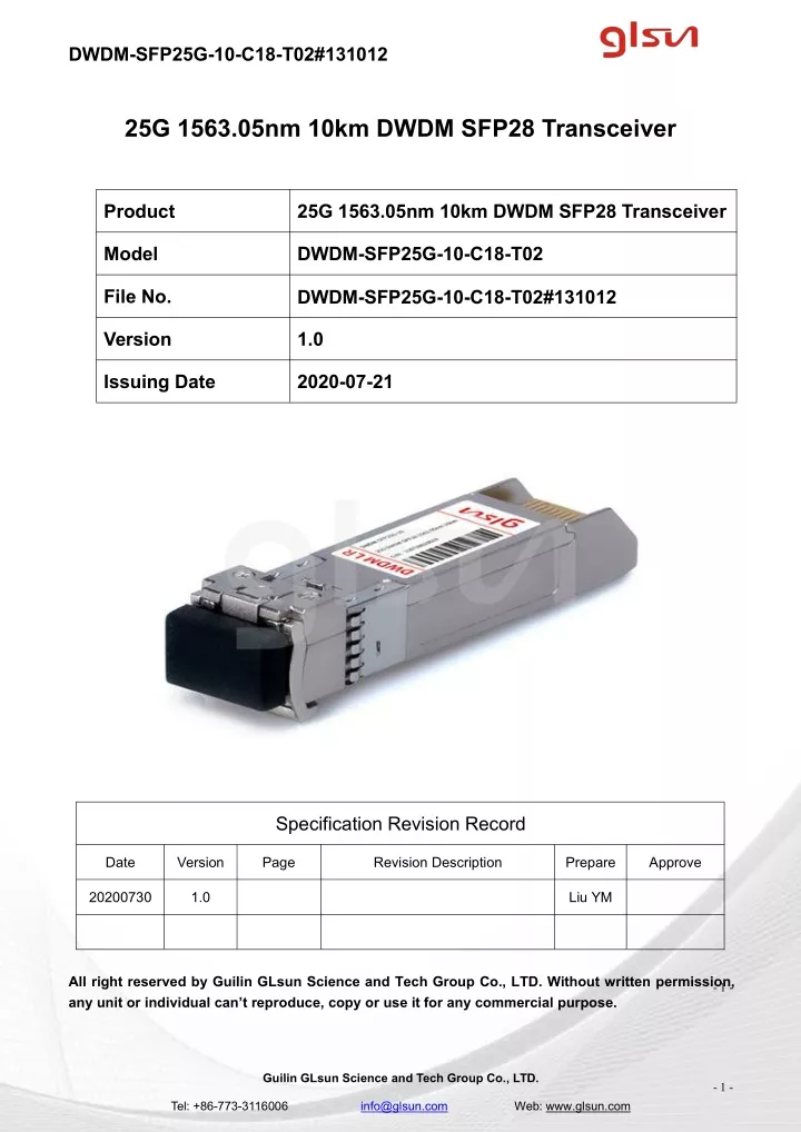 dwdm sfp25g 10 c18 t02 131012