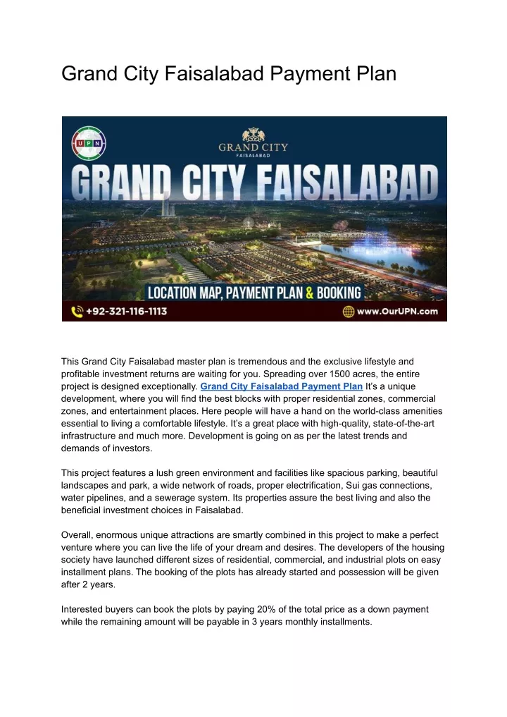 grand city faisalabad payment plan
