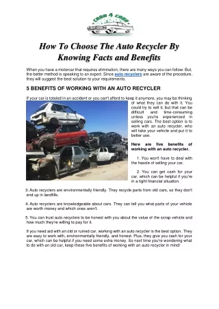 How To Choose The Auto Recycler By Knowing Facts and Benefits