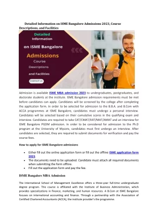 Detailed Information on ISME Bangalore Admissions 2023, Course Descriptions, and Facilities