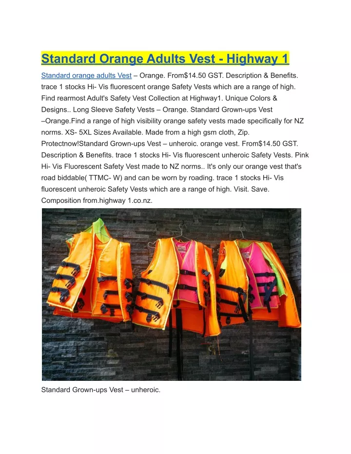 standard orange adults vest highway 1