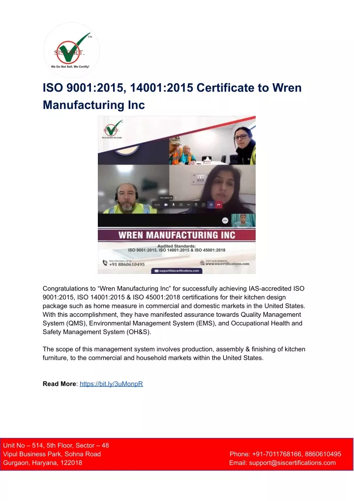 iso 9001 2015 14001 2015 certificate to wren