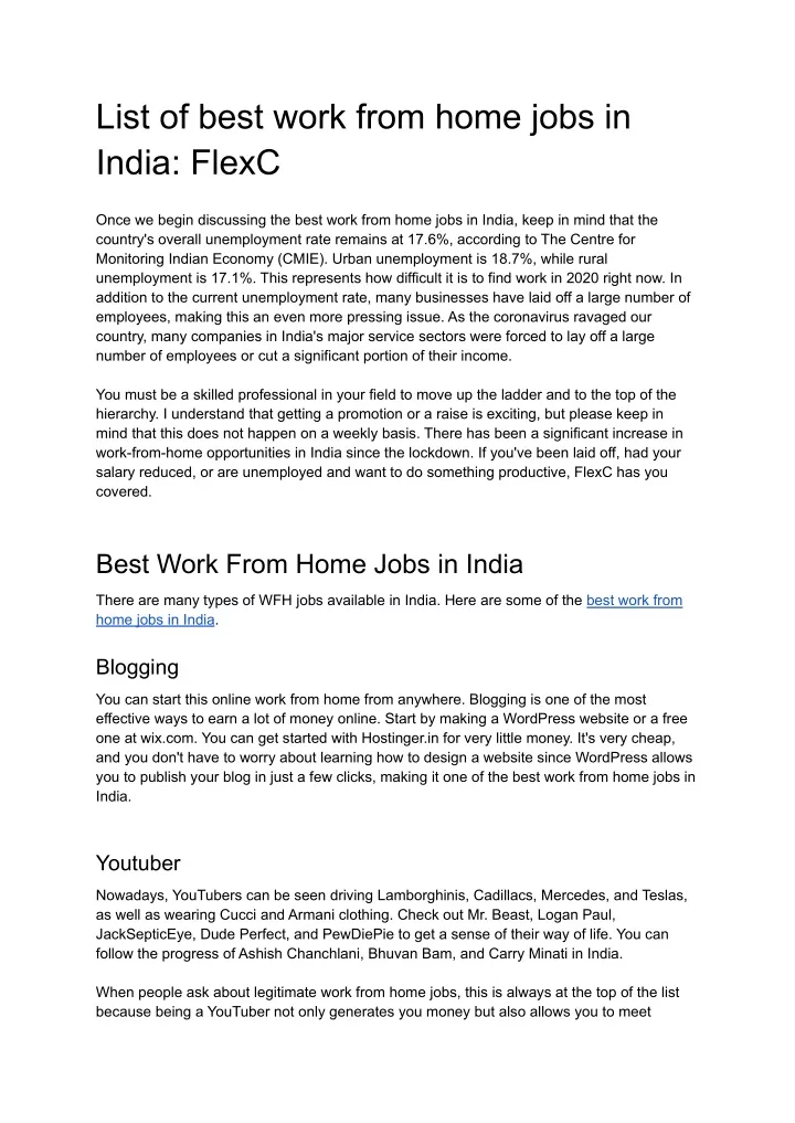 PPT List of best work from home jobs in India FlexC PowerPoint