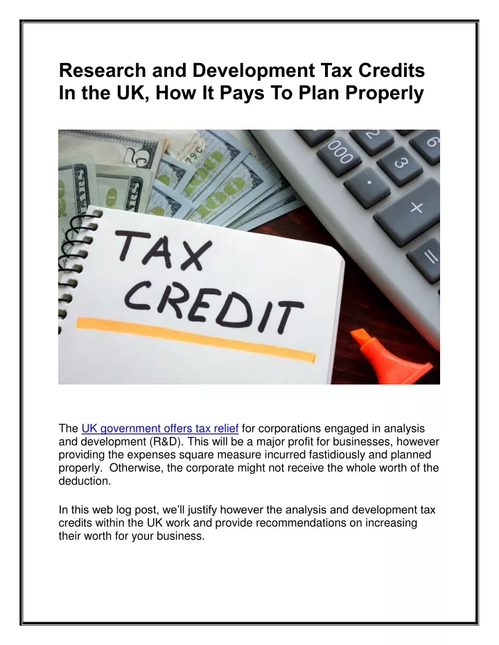 PPT - Research and Development Tax Credits In the UK PowerPoint ...
