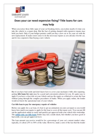 Does your car need expensive fixing? Title loans for cars may help