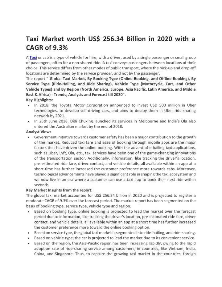 taxi market worth us 256 34 billion in 2020 with