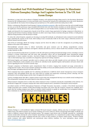 Accredited And Well-Established Transport Company In Manchester Delivers Exemplary Haulage And Logistics Services In The