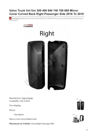 imsautoparts.com-Volvo Truck Vnl Vnr 300 400 640 740 760 860 Mirror Cover Curved Back Right Passenger Side 2016 To 201
