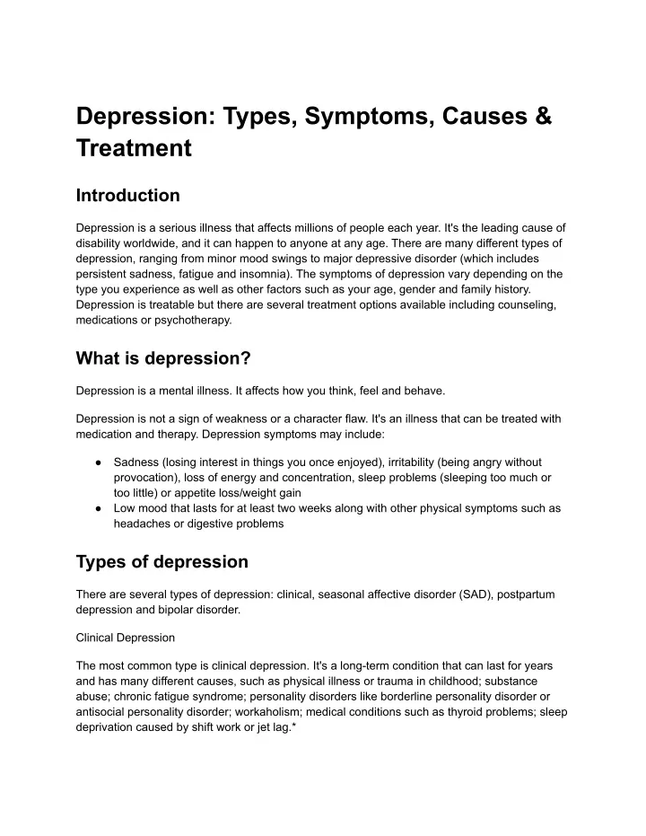 depression types symptoms causes treatment