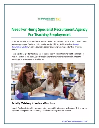 Need For Hiring Specialist Recruitment Agency For Teaching Employment