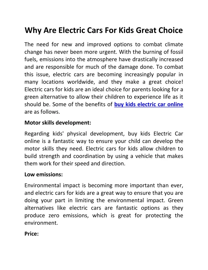 why are electric cars for kids great choice