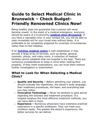 Guide to Select Medical Clinic in Brunswick – Check Budget-Friendly Renowned Clinics Now