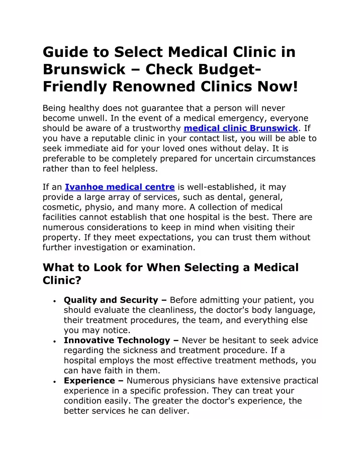 guide to select medical clinic in brunswick check