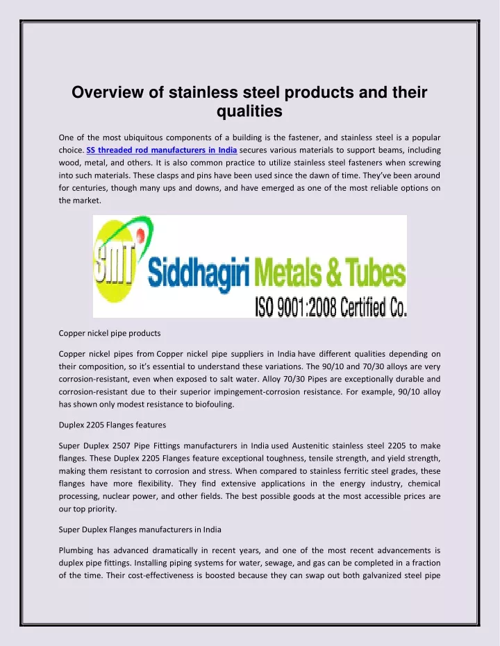 overview of stainless steel products and their