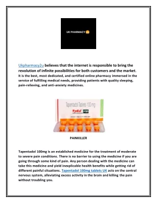 Buy Tapentadol 100mg tablets online uk | UK Pharmacy 2u
